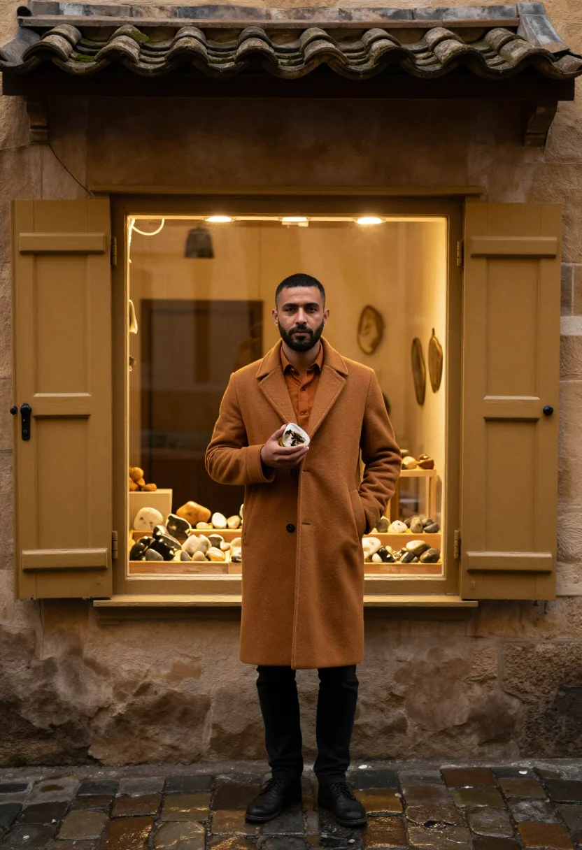 AI gdansk amber sample — portrait of a man, a man in his fifties with olive skin, dar