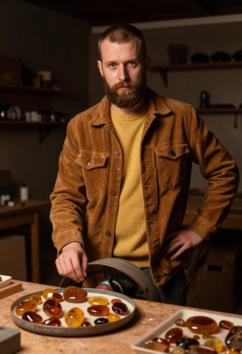 AI gdansk amber sample — portrait of a man, a man in his thirties with warm fair skin