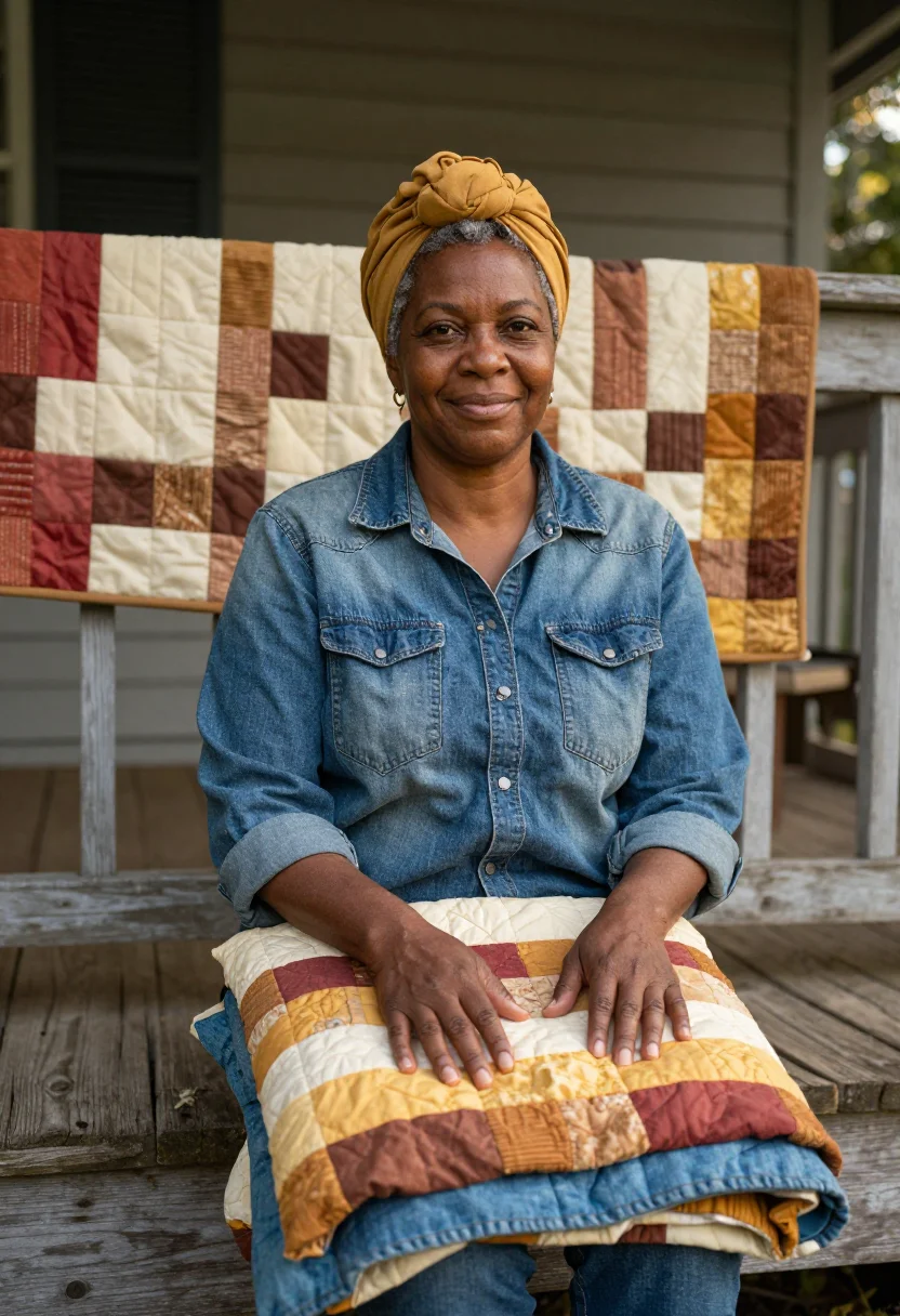 AI gees bend quilter palette sample — portrait of a woman, in her fifties, with deep brown skin, d