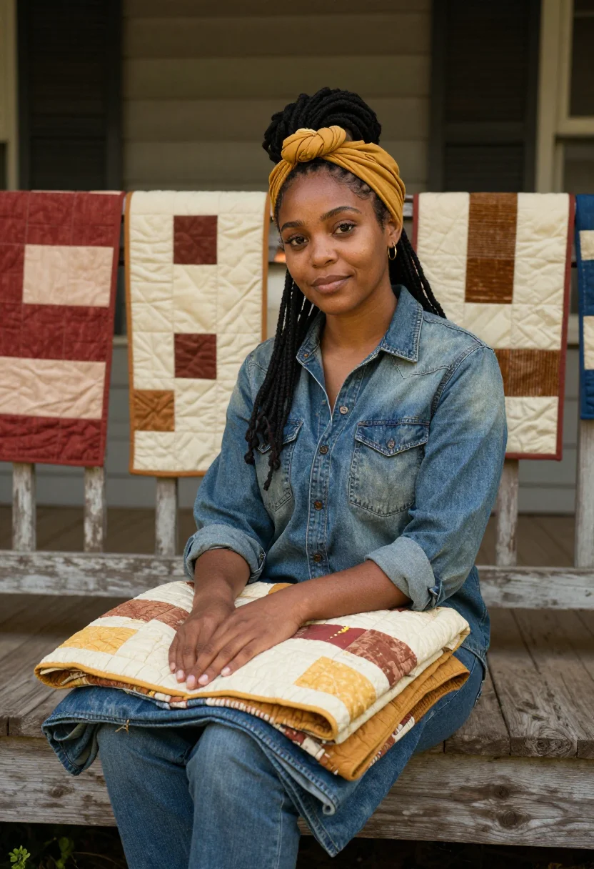 AI gees bend quilter palette sample — portrait of a woman, in her late twenties, with warm umber s