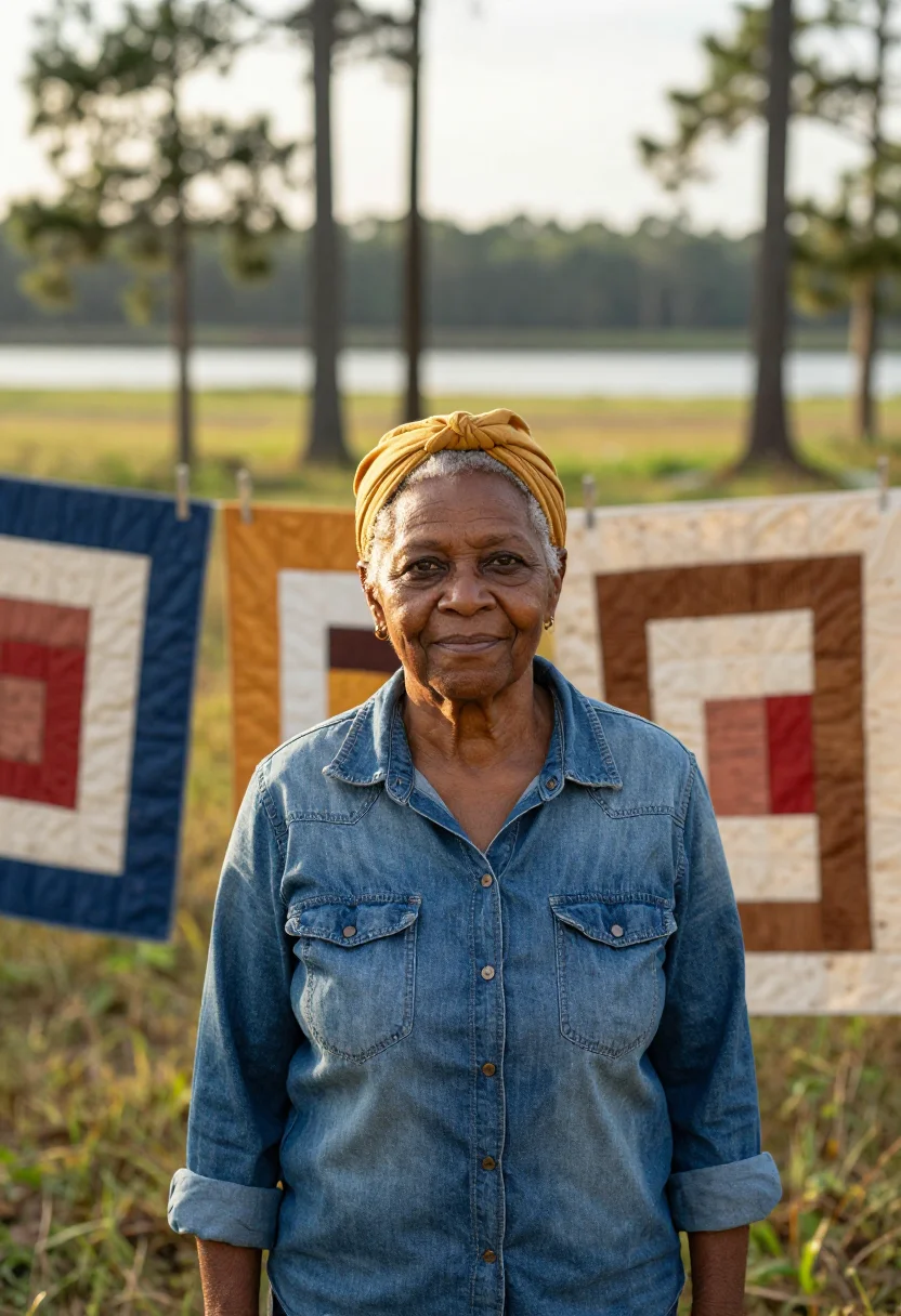 AI gees bend quilter palette sample — portrait of a woman, in her late sixties, with deep brown sk