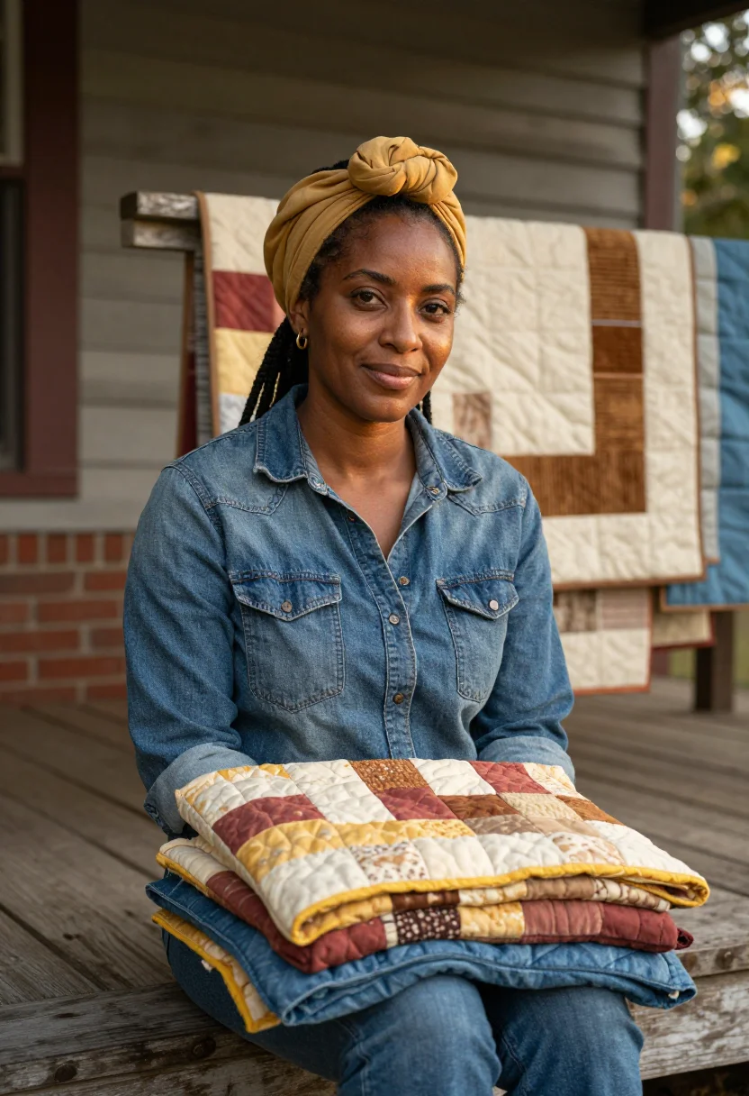 AI gees bend quilter palette sample — portrait of a woman, in her thirties, with rich medium-brown
