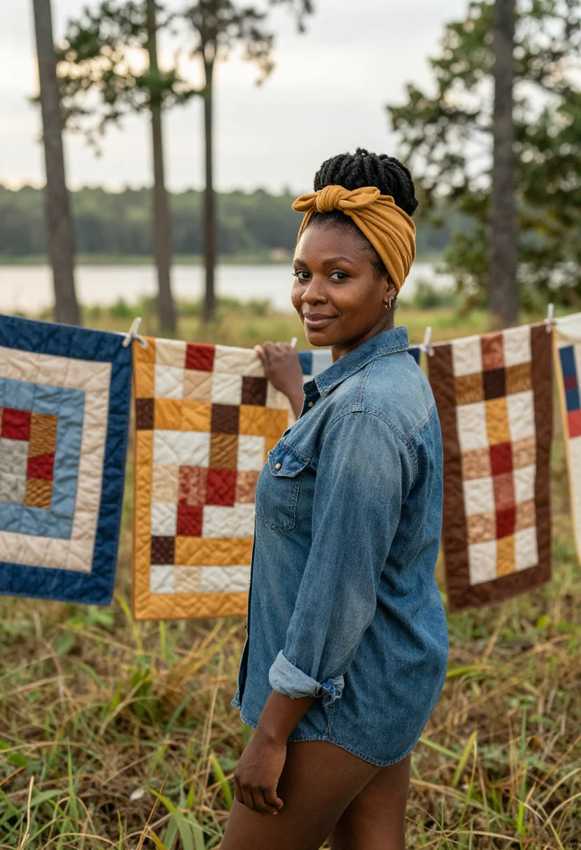 AI gees bend quilter palette sample — portrait of a woman, in her mid-thirties, with deep brown sk