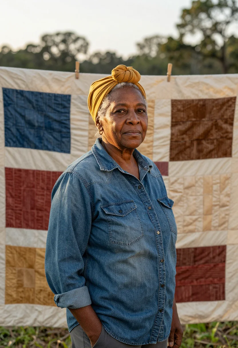 AI gees bend quilter palette sample — portrait of a woman, in her seventies, with deep brown skin,