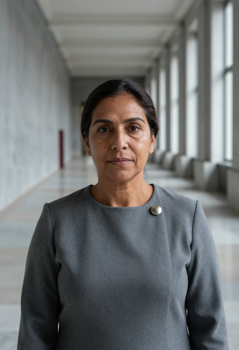 AI geneva diplomat slate sample — portrait of a woman, framed tight on the head and the collar