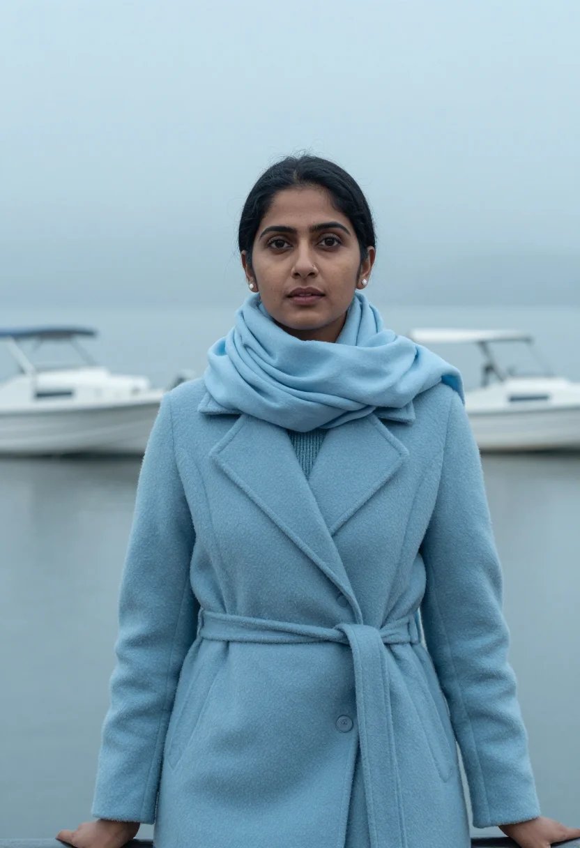 AI geneva mist blue sample — portrait of a woman, chest-up portrait of a South-Asian woma