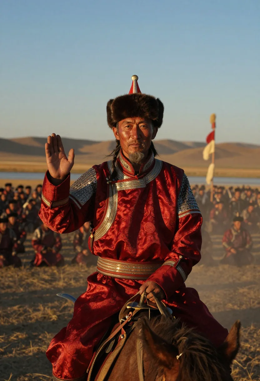 AI genghis khan sample — portrait of a man, chest-up mounted portrait of a Mongolian