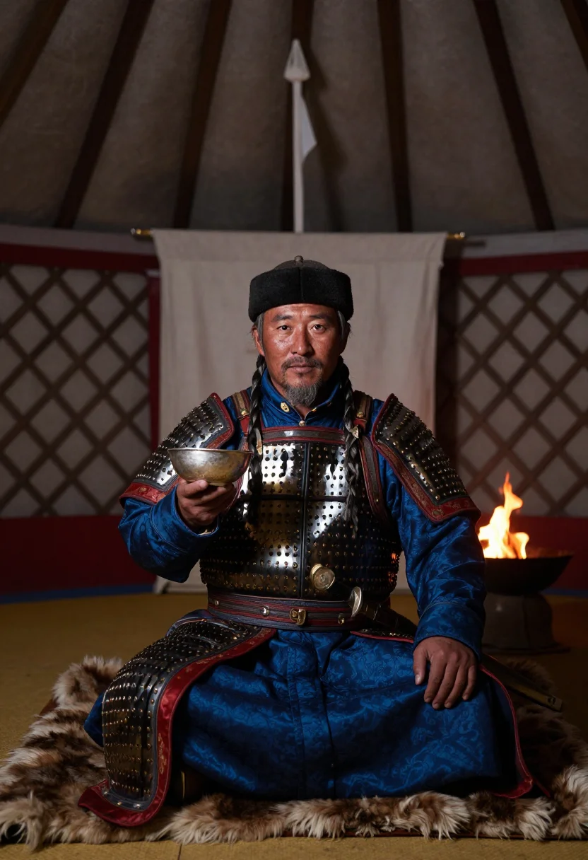 AI genghis khan sample — portrait of a man, chest-up portrait of a Mongolian man in h