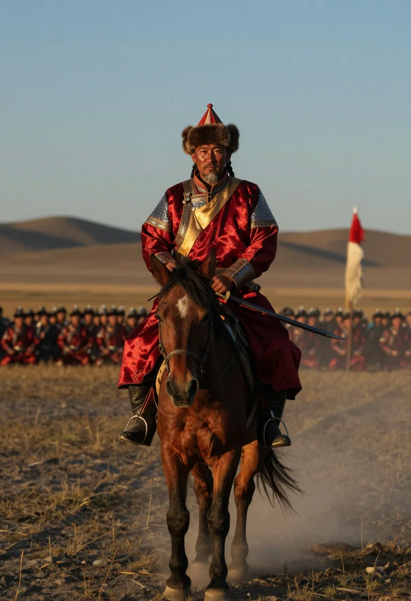 AI genghis khan sample — portrait of a man, thighs-up mounted portrait of a Mongolian