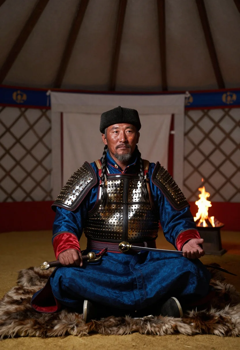 AI genghis khan sample — portrait of a man, three-quarter-length portrait of a Mongol
