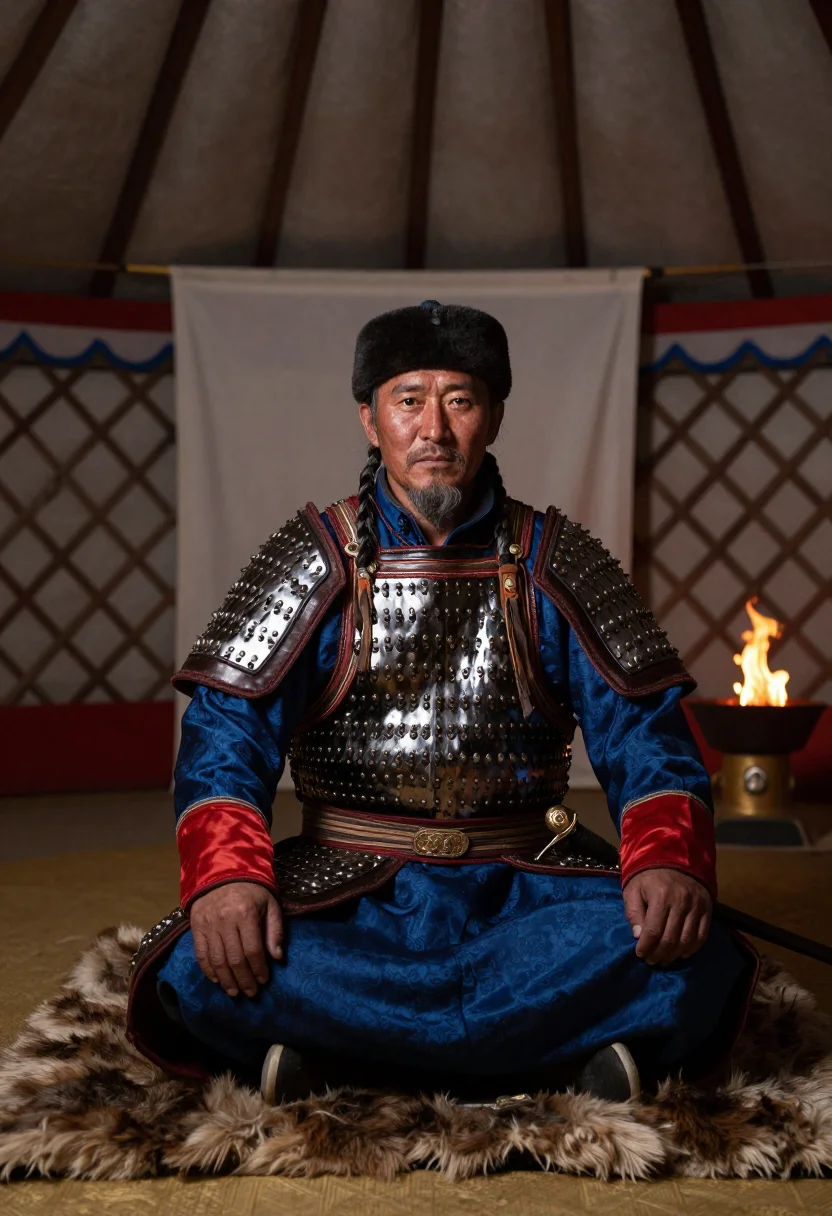 AI genghis khan sample — portrait of a man, waist-up portrait of a Mongolian man in h