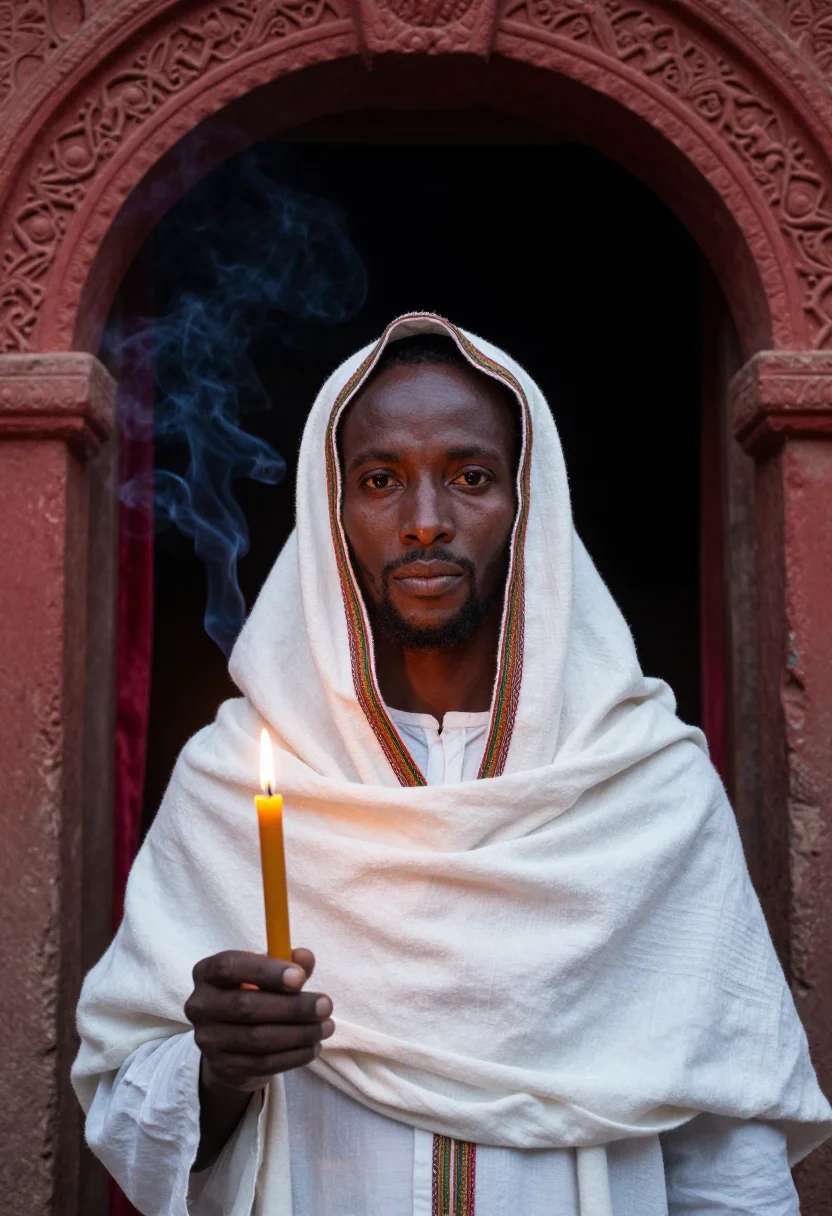 AI genna ethiopian christmas sample — portrait of a man, chest-up portrait of an Ethiopian man fro