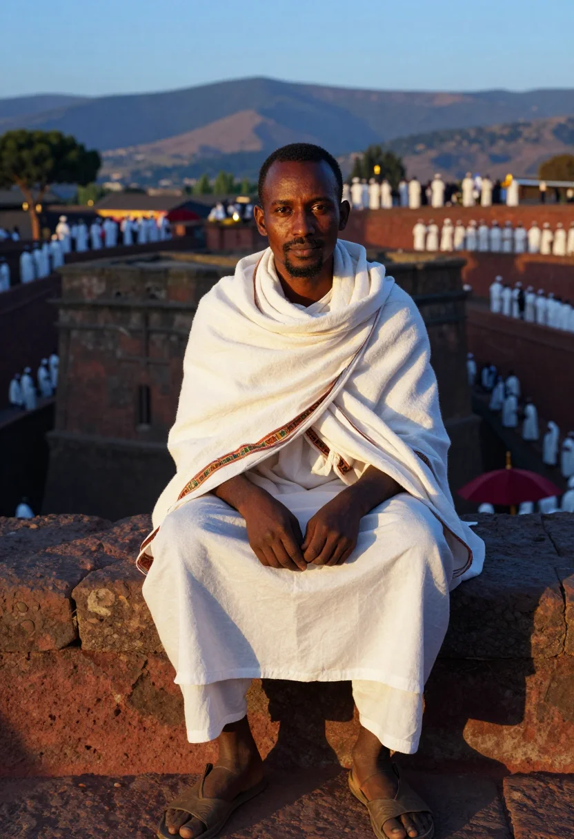AI genna ethiopian christmas sample — portrait of a man, waist-up seated portrait of an Ethiopian