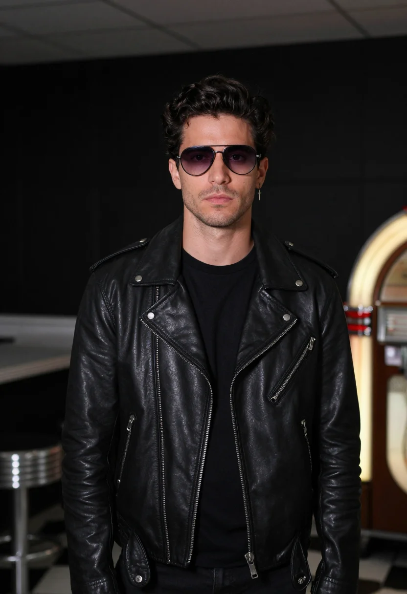 AI george michael faith leather biker black sample — portrait of a man, a Greek man in his early thirties with ol
