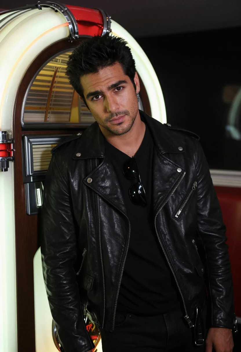 AI george michael faith leather biker black sample — portrait of a man, an Italian man in his early thirties with