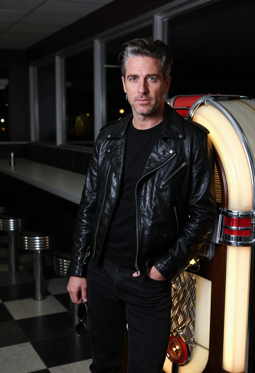 AI george michael faith leather biker black sample — portrait of a man, a Welsh man in his early forties with fai