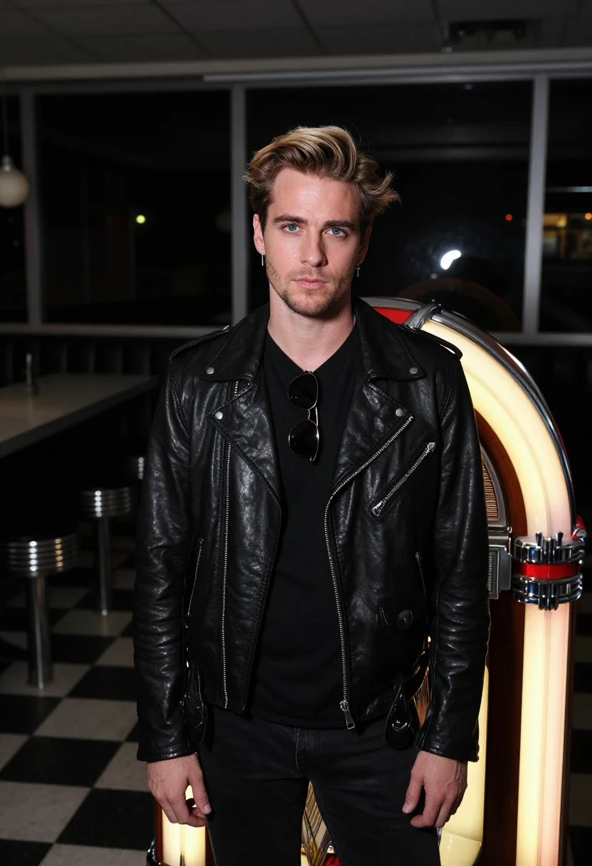 AI george michael faith leather biker black sample — portrait of a man, a French man in his mid-thirties with fai