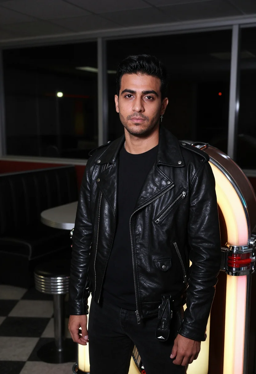 AI george michael faith leather biker black sample — portrait of a man, a Lebanese man in his late thirties with