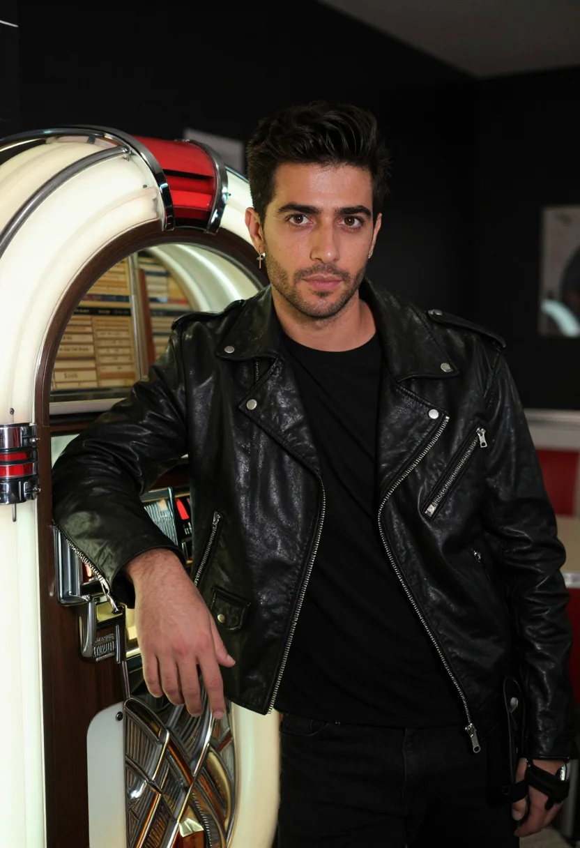 AI george michael faith leather biker black sample — portrait of a man, a Spanish man in his late twenties with o