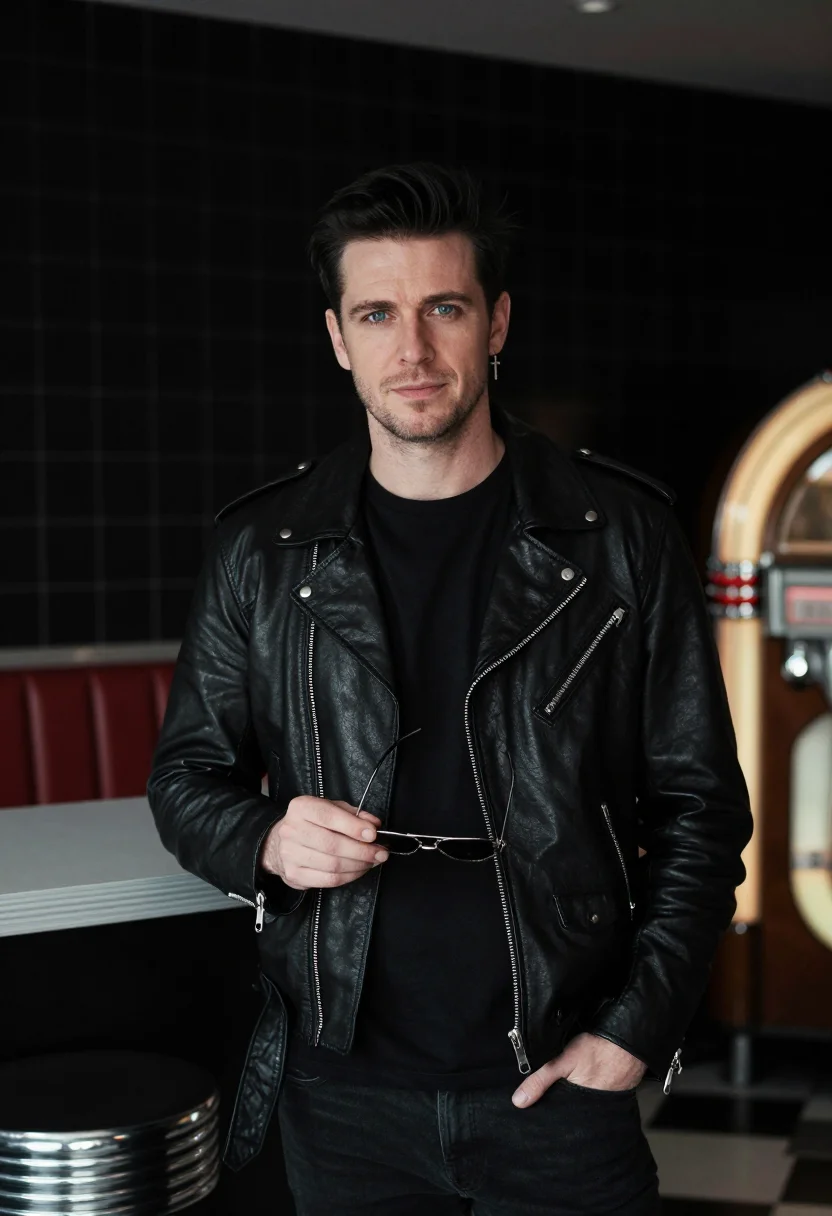 AI george michael faith leather biker black sample — portrait of a man, an Irish man in his mid-thirties with pal