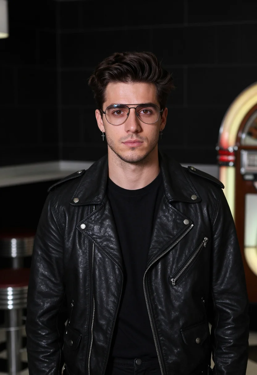 AI george michael faith leather biker black sample — portrait of a man, an English man in his late twenties with