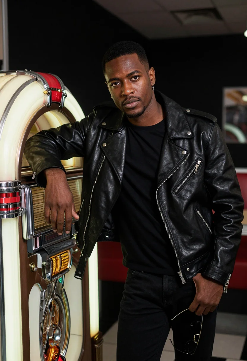 AI george michael faith leather biker black sample — portrait of a man, a British-Nigerian man in his early thirt