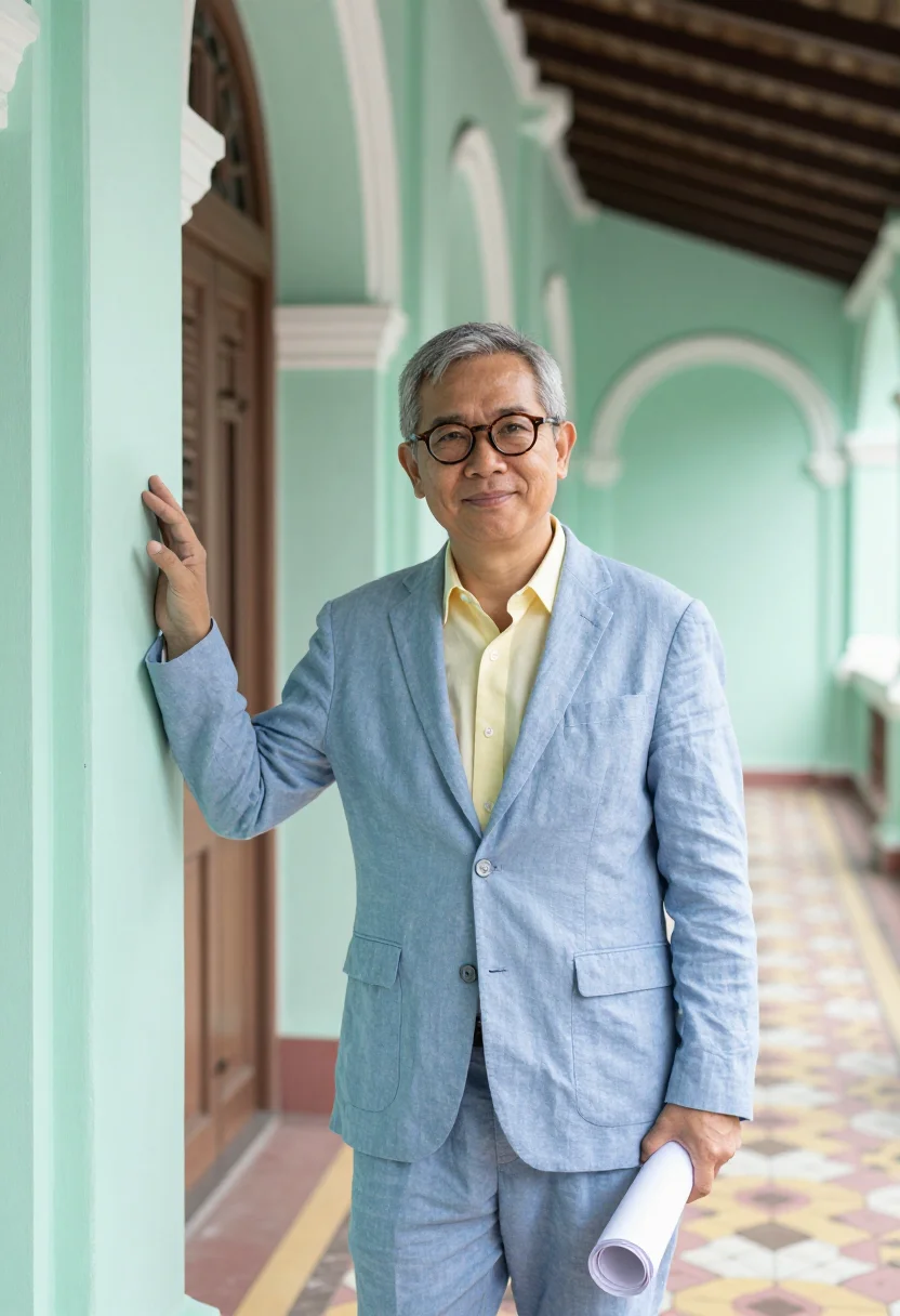 AI george town heritage architect shophouse palette sample — portrait of a man, a Chinese-Malaysian conservation architec