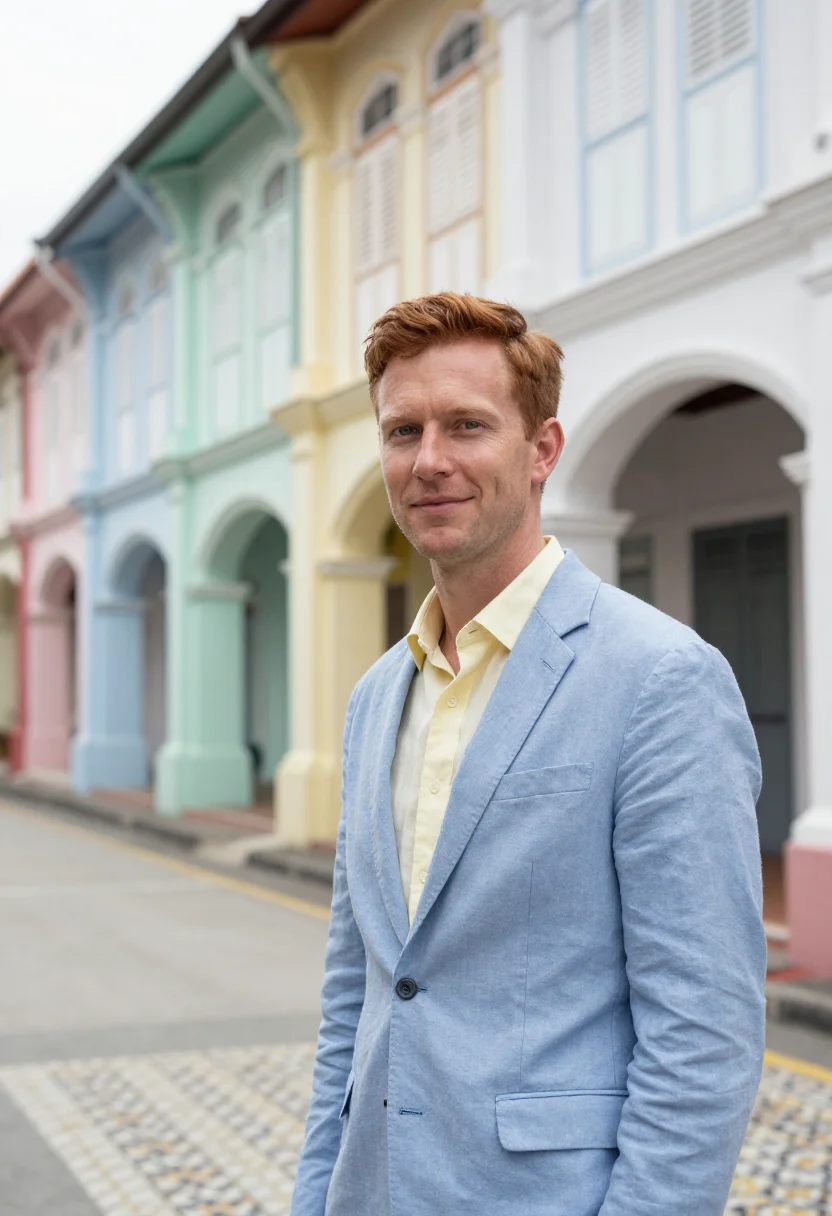AI george town heritage architect shophouse palette sample — portrait of a man, a conservation architect in his early for