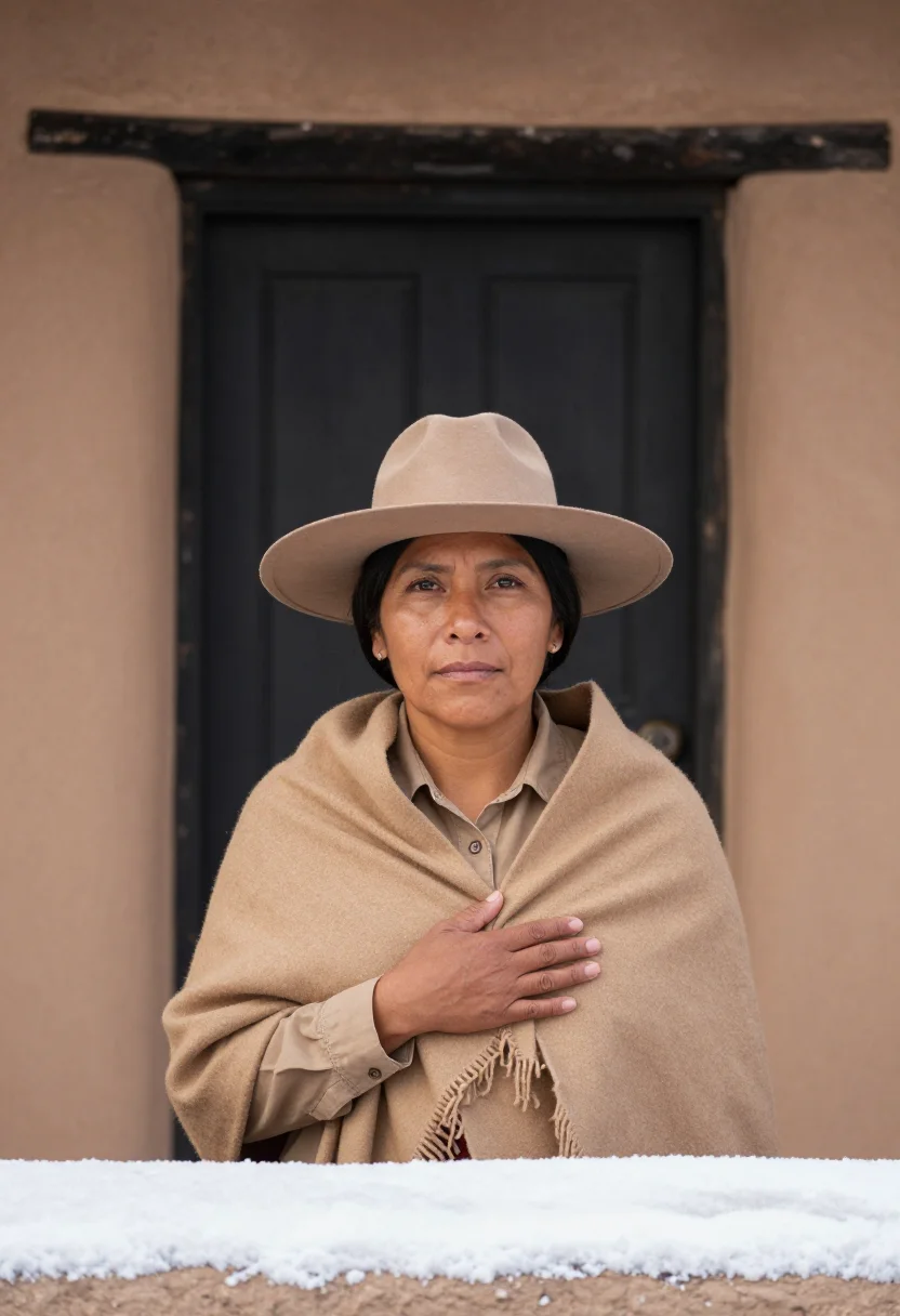 AI georgia okeeffe abiquiu january adobe snow sample — portrait of a woman, framed chest-up, cropped at the ribs, t