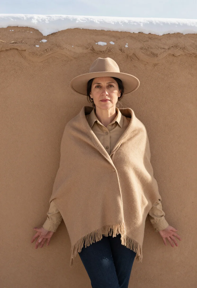 AI georgia okeeffe abiquiu january adobe snow sample — portrait of a woman, framed three-quarter length from the ha