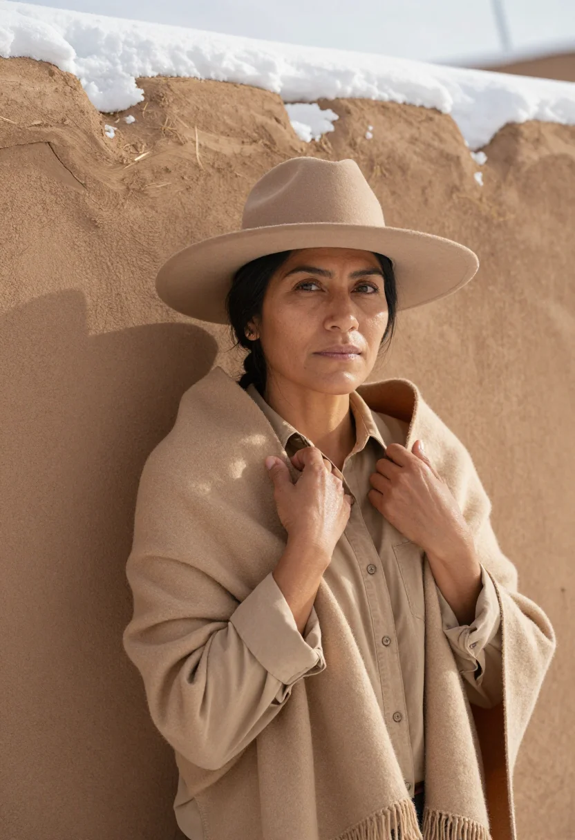 AI georgia okeeffe abiquiu january adobe snow sample — portrait of a woman, framed chest-up, cropped at the ribs, t