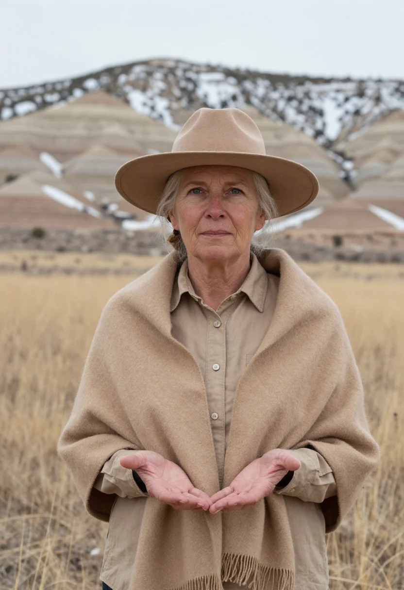 AI georgia okeeffe abiquiu january adobe snow sample — portrait of a woman, framed half-length from the hat to the