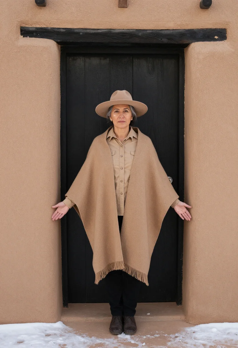 AI georgia okeeffe abiquiu january adobe snow sample — portrait of a woman, framed full length from the hat to the