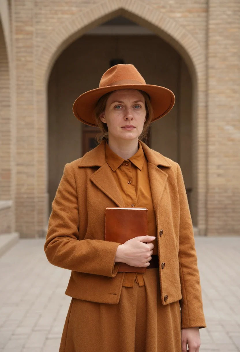 AI gertrude bell baghdad january ochre sample — portrait of a woman, framed chest-up, cropped at the ribs, t