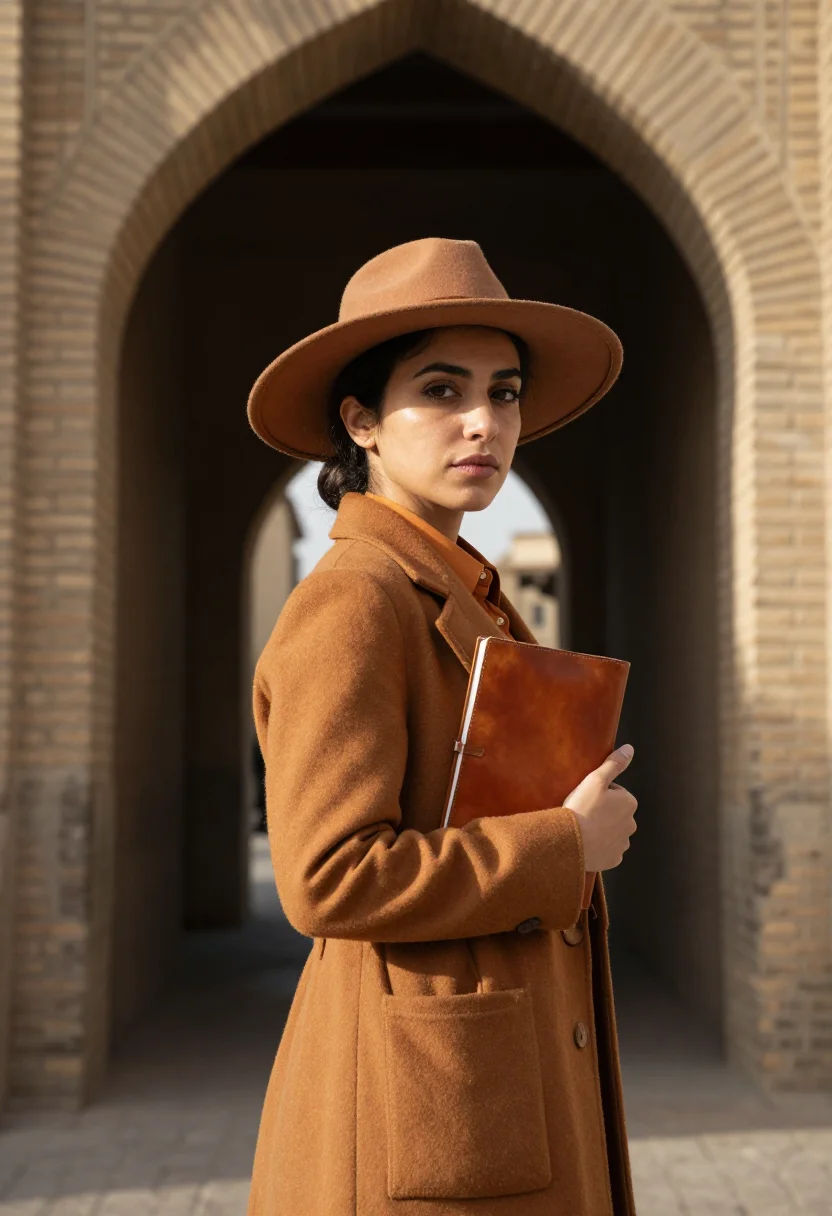 AI gertrude bell baghdad january ochre sample — portrait of a woman, framed tight, head and shoulders, the b