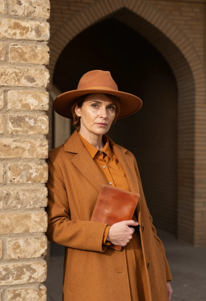 AI gertrude bell baghdad january ochre sample — portrait of a woman, framed chest-up, cropped at the ribs, t