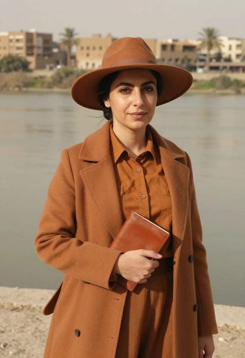 AI gertrude bell baghdad january ochre sample — portrait of a woman, framed chest-up, cropped at the ribs, t