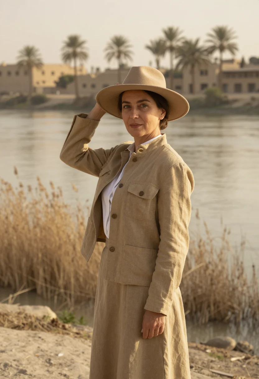 AI gertrude bell baghdad november khaki sample — portrait of a woman, framed chest-up, cropped at the ribs, t