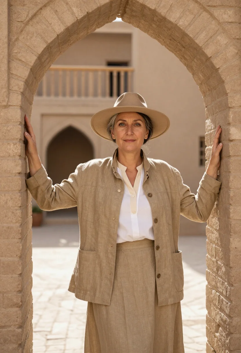 AI gertrude bell baghdad november khaki sample — portrait of a woman, framed chest-up, cropped at the ribs, t