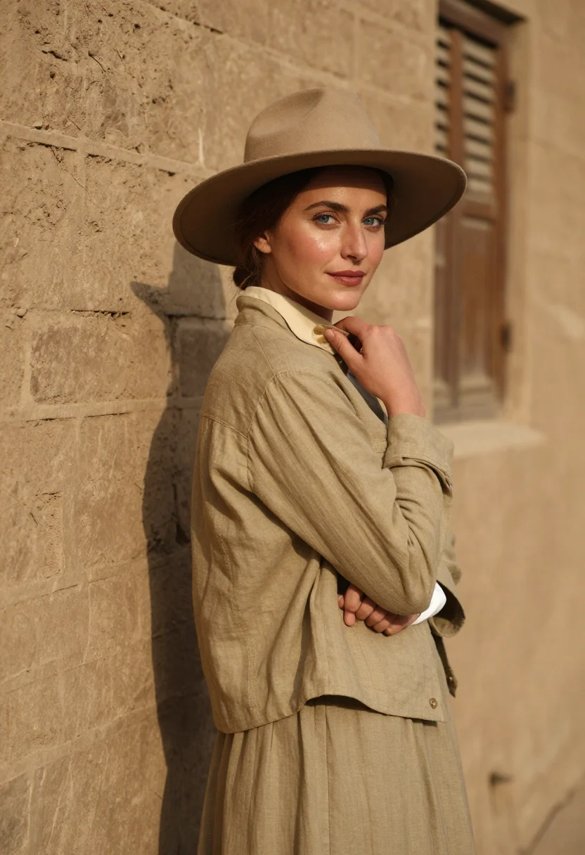 AI gertrude bell baghdad november khaki sample — portrait of a woman, framed chest-up, cropped at the ribs, t