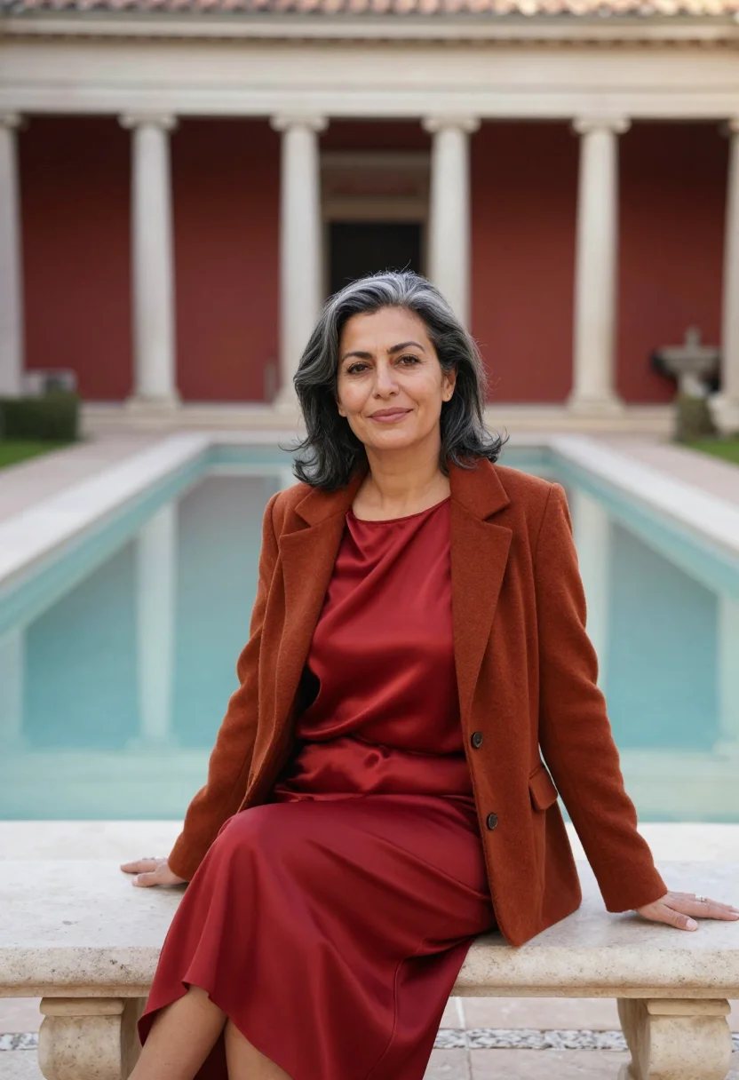 AI getty villa classicist pompeian red sample — portrait of a woman, in her early fifties, Greek-American, w