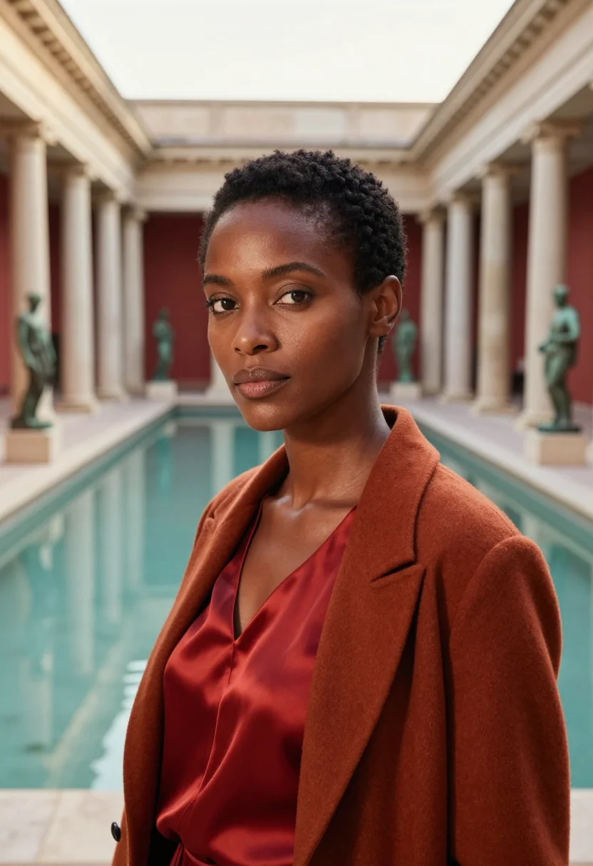 AI getty villa classicist pompeian red sample — portrait of a woman, in her late thirties, Black American, w