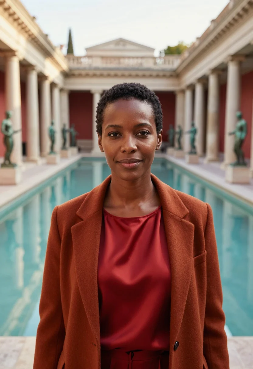 AI getty villa classicist pompeian red sample — portrait of a woman, in her late thirties, Black American, w