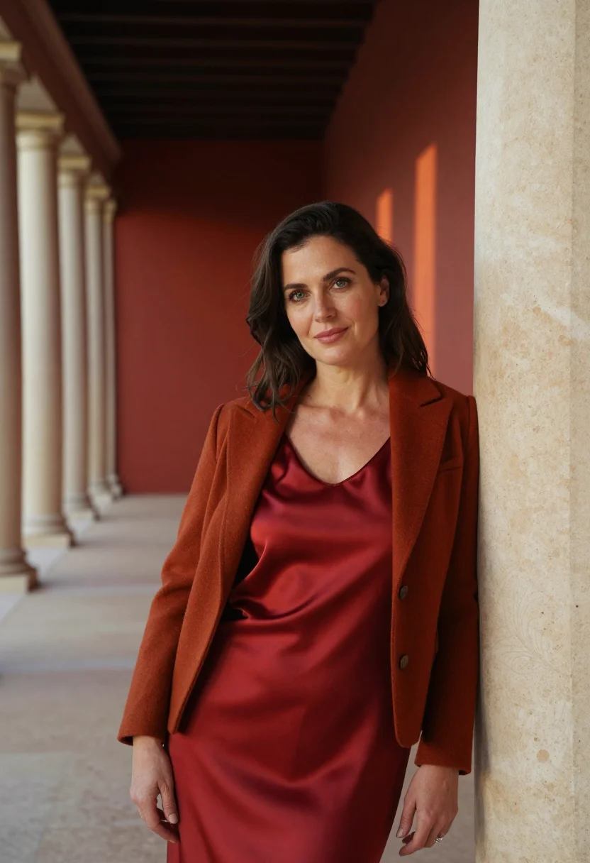 AI getty villa classicist pompeian red sample — portrait of a woman, in her mid-forties, with fair skin, gre