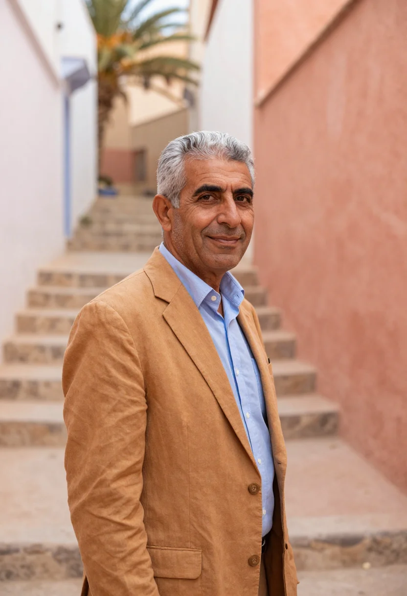 AI ghardaia architect mzab palette sample — portrait of a man, an architect in his sixties of Spanish de