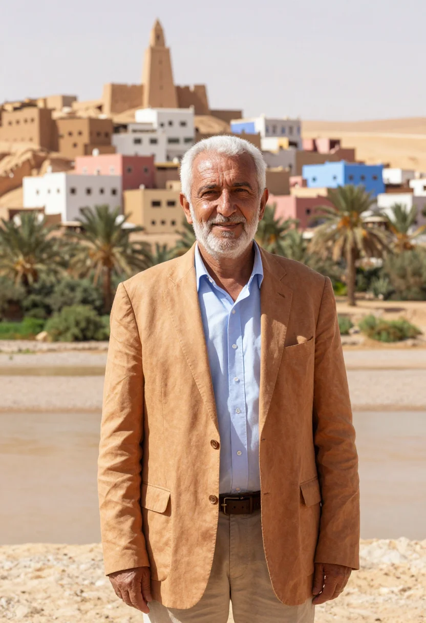 AI ghardaia architect mzab palette sample — portrait of a man, an architect in his sixties of Swiss desc