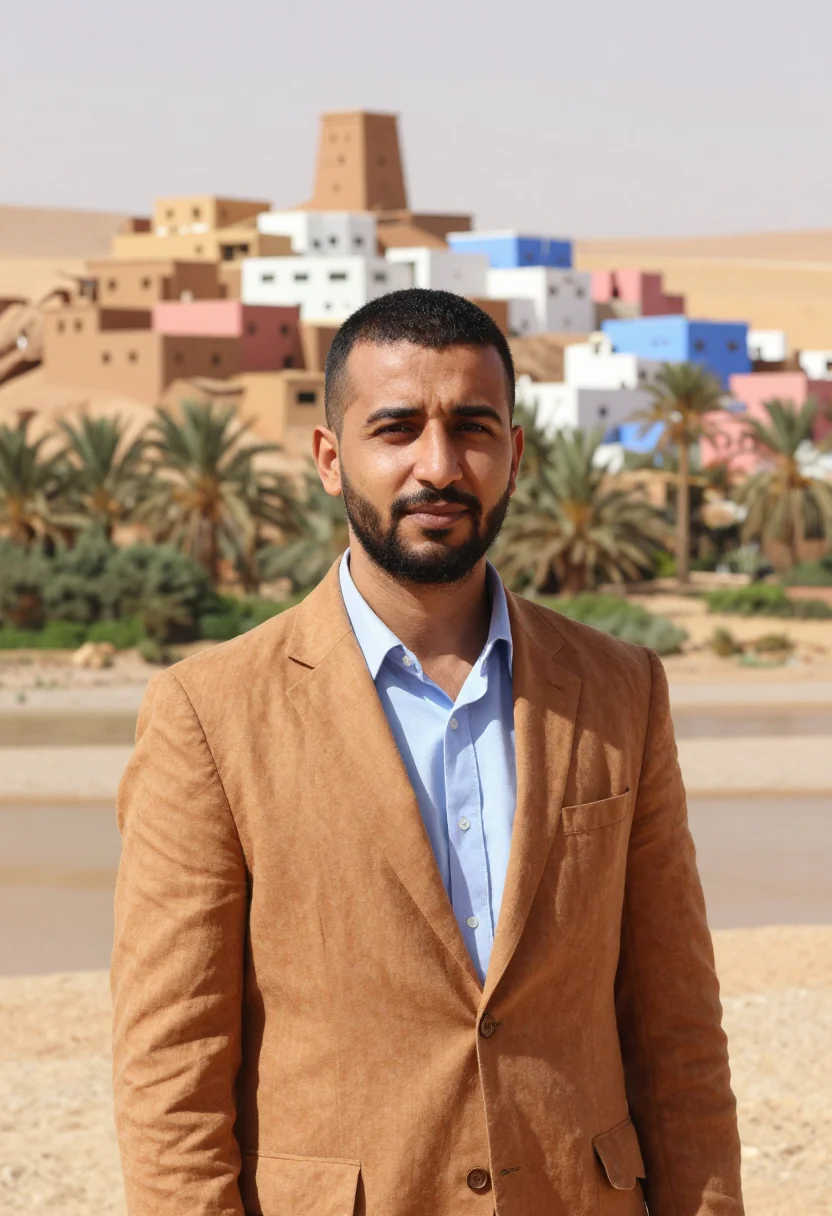 AI ghardaia architect mzab palette sample — portrait of a man, an architect in his thirties of Algerian