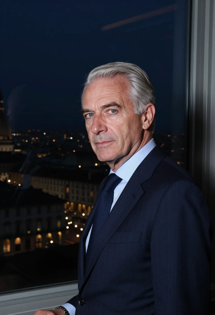 AI gianni agnelli lingotto january navy sample — portrait of a man, framed tight, head and shoulders, the bod