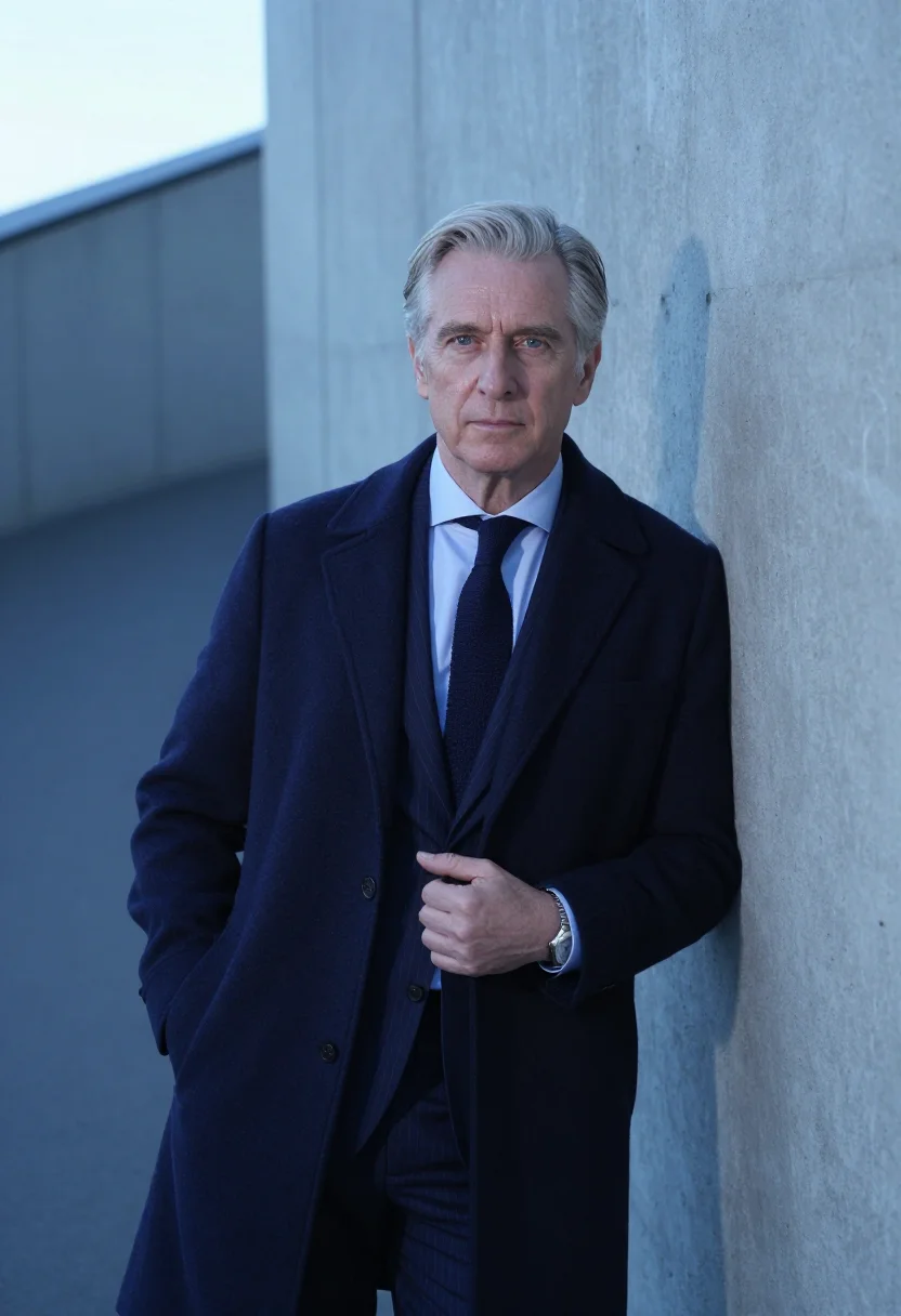 AI gianni agnelli lingotto january navy sample — portrait of a man, framed chest-up to the ribs, the body clo