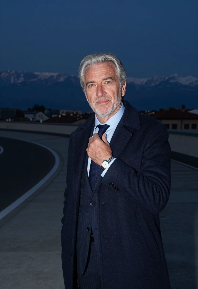 AI gianni agnelli lingotto january navy sample — portrait of a man, framed chest-up to the ribs, the body clo